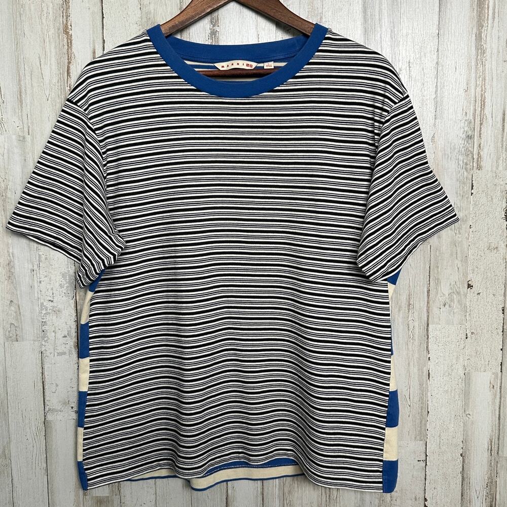 Marni x Uniqlo Striped Shirt Mens Large Blue Black White Boxy Artsy City Boy EUC